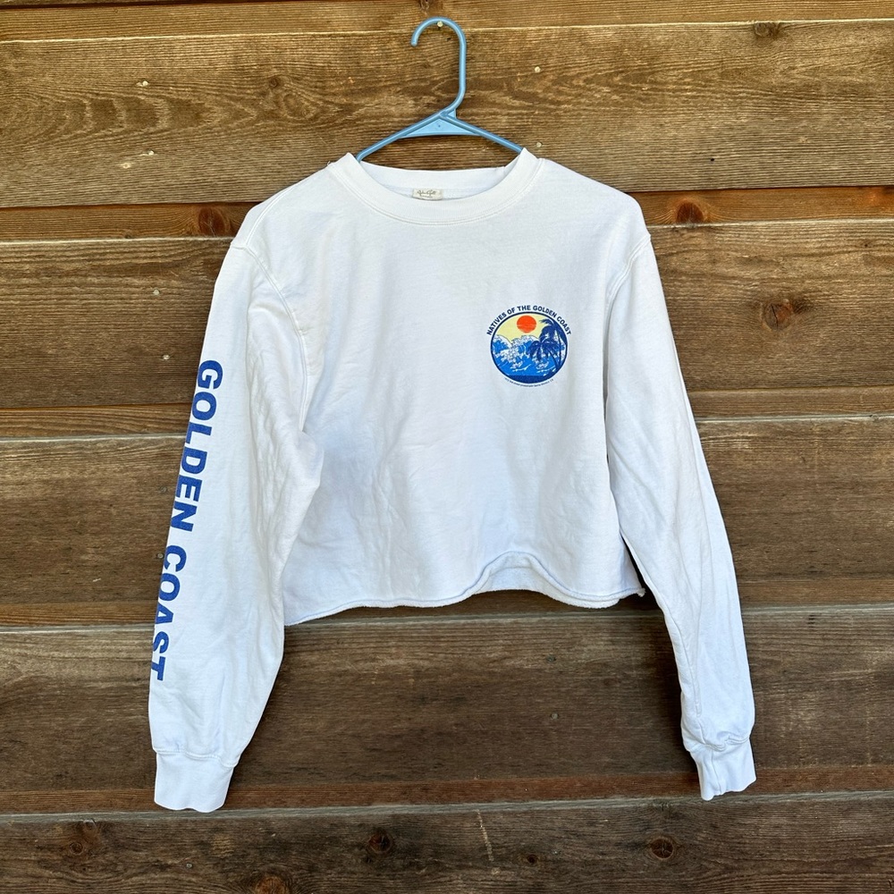 Brandy Melville White Cropped Graphic Sweatshirt with Blue Print